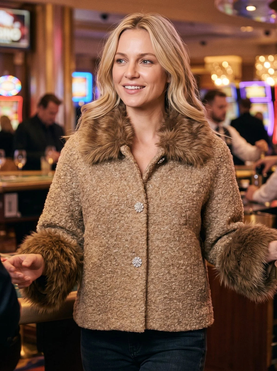Boucle Sparkle Fur Trim Jacket By Ivy Jane