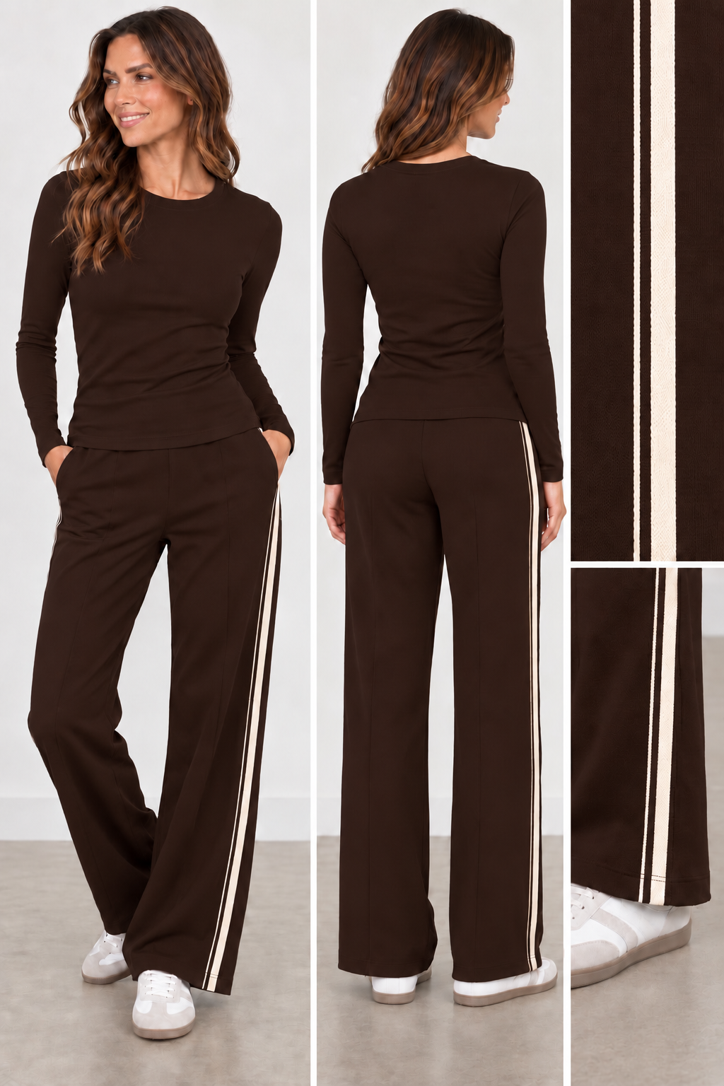 Long Sleeve Mocca Top With Brushed Bronze Collar and Sleeve By Margarittes