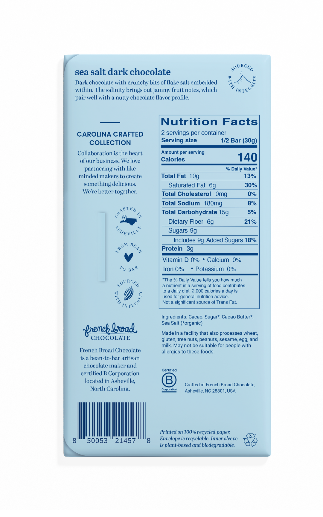Sea Salt Chocolate Bar 70% - 60g