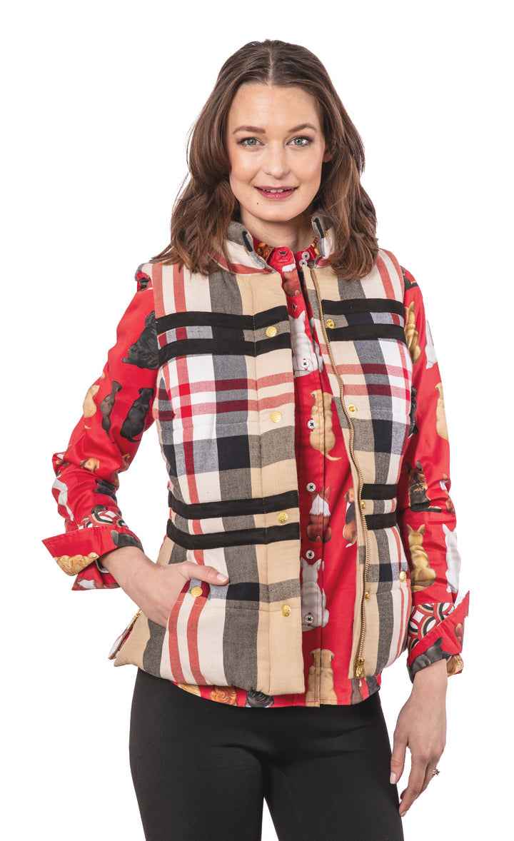 The Rosey Vest  Khaki Red Sleeveless Dog Lining By Dizzy Lizzie