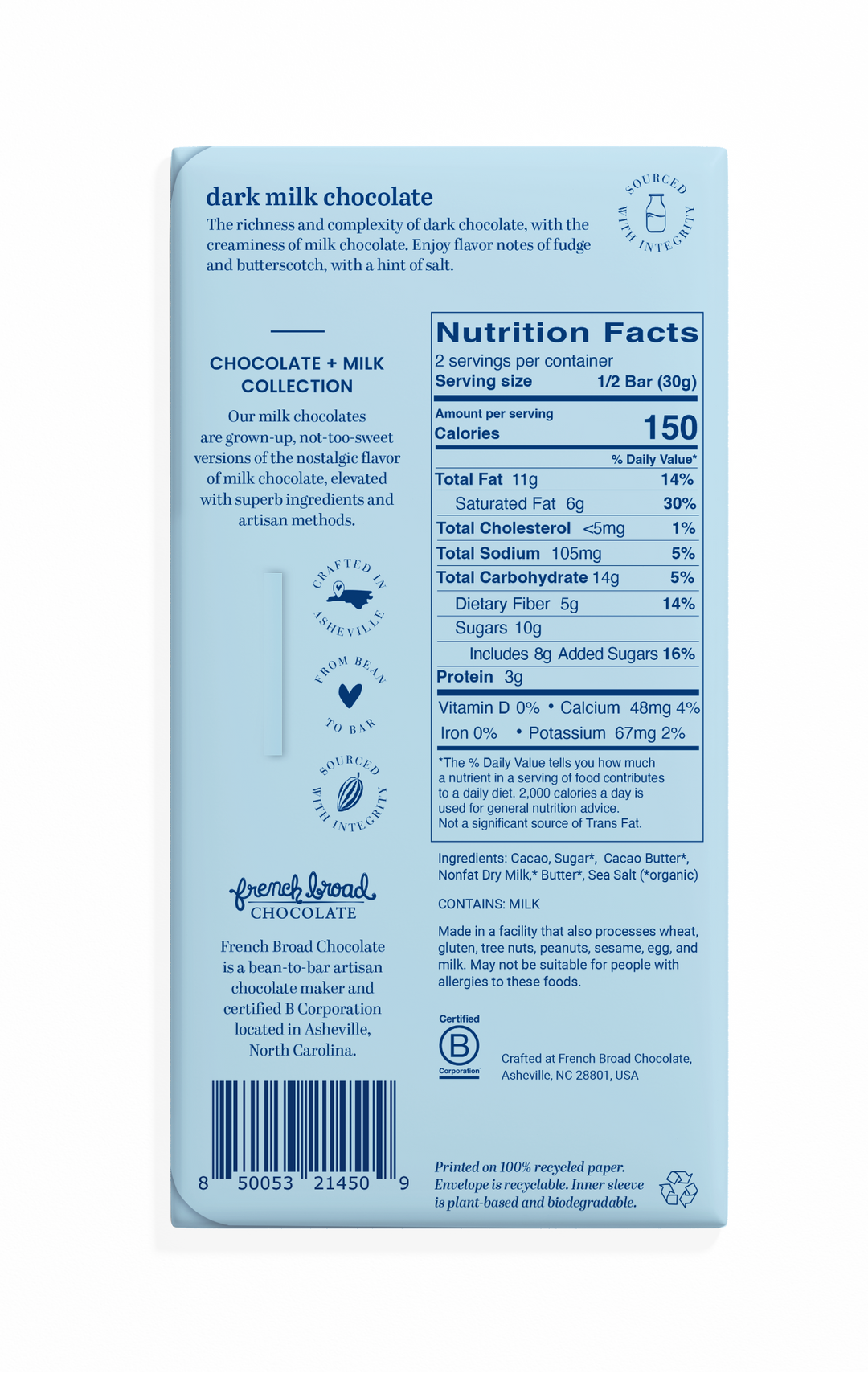Dark Milk with Sea Salt Chocolate Bar 53% - 60g