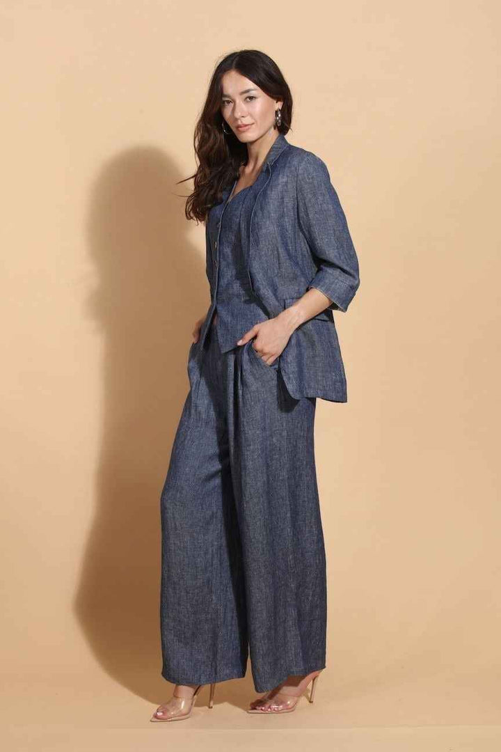 100% Linen Twill Jacket With 3/4 Sleeves By Jessie Liu - Moxiebainbridge