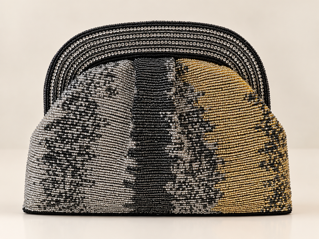 All Beaded Black/Silver/Pewter Frame Clutch By Ricki Designs