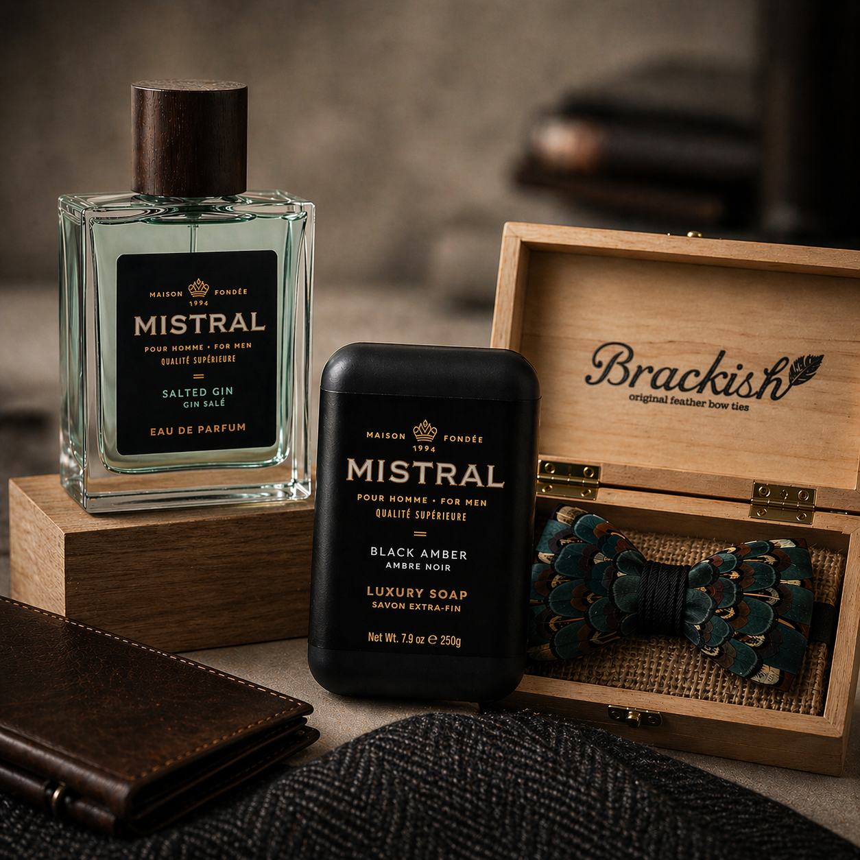 Mistral perfume and soap with Brackish bow tie for men's gifts at Moxie
