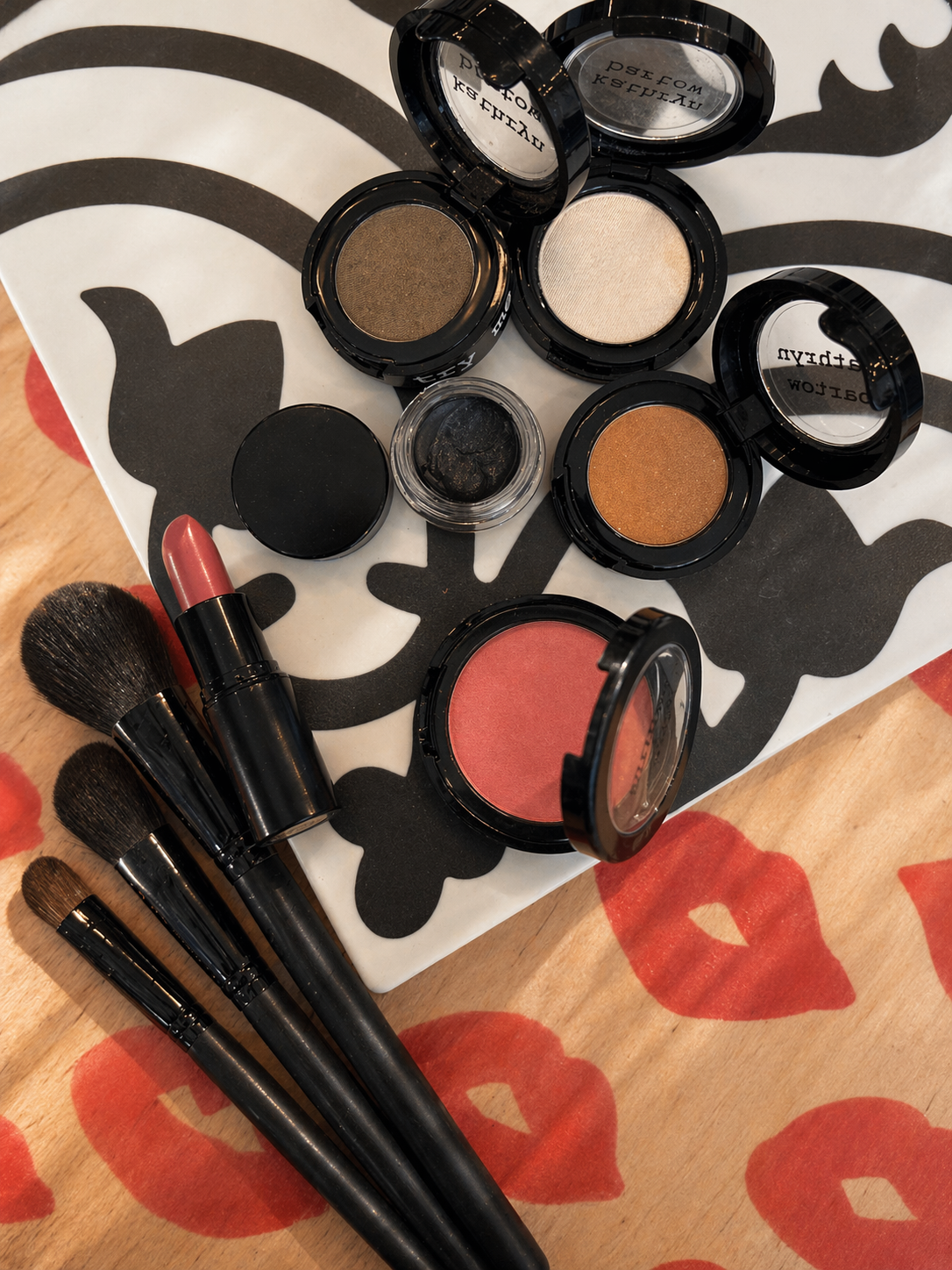 Products displayed for a makeup lesson at Moxie