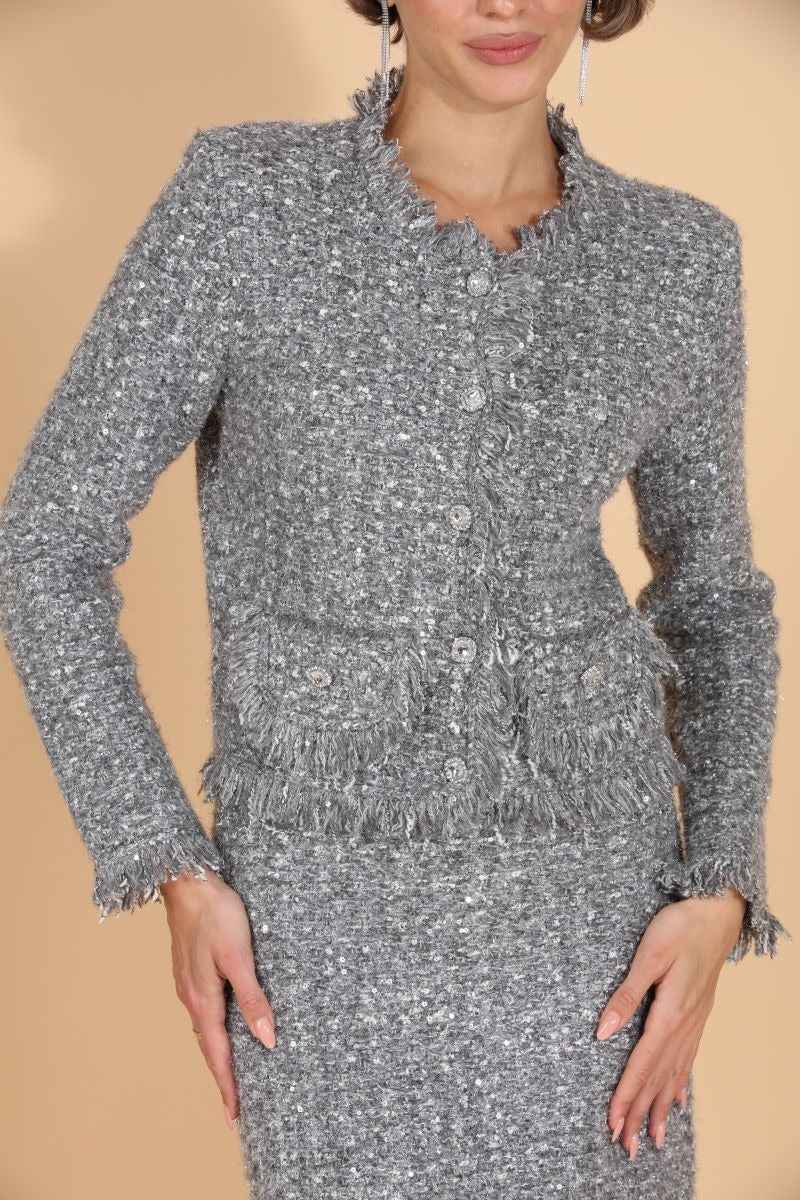 Cashmere Blended Tweed Knit Grey Jacket By Jessie Liu