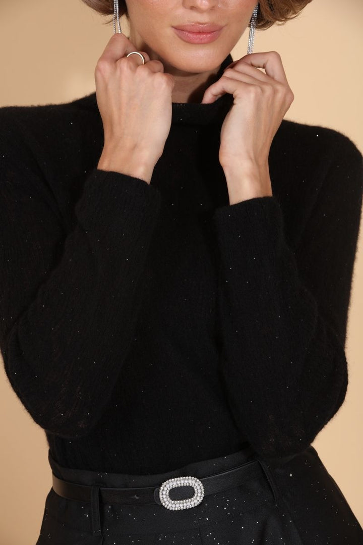 Extra Fine Cashmere Turtle Neck Sweater Black With Rhinestones By Jessie Liu