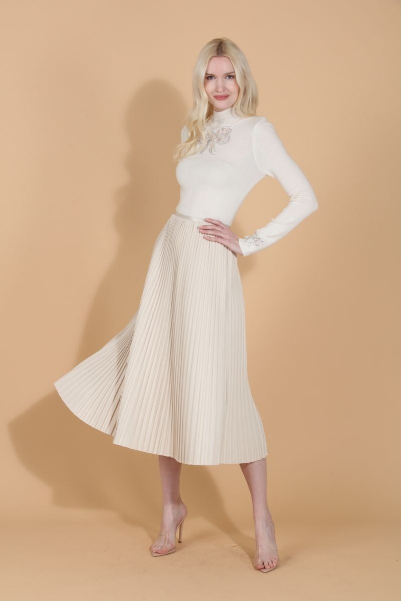 Wool Blended Midi Pleats Skirt Ivory By Jessie Liu