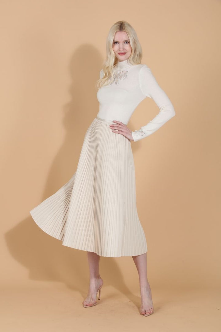 Wool Blended Midi Pleats Skirt Ivory By Jessie Liu