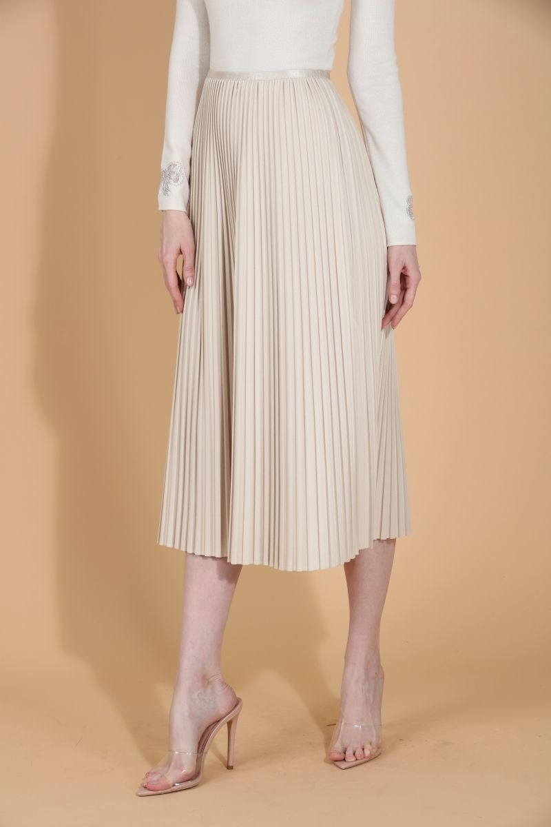 Wool Blended Midi Pleats Skirt Ivory By Jessie Liu