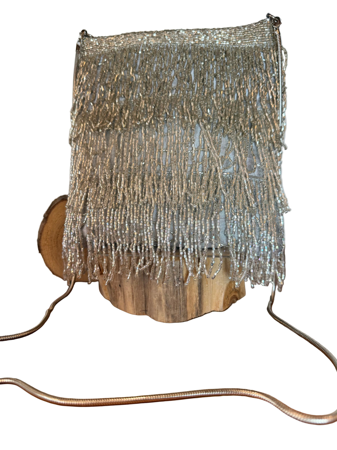 All Glass Beaded Silver Fringe Bag Cross Body By Ricki Designs