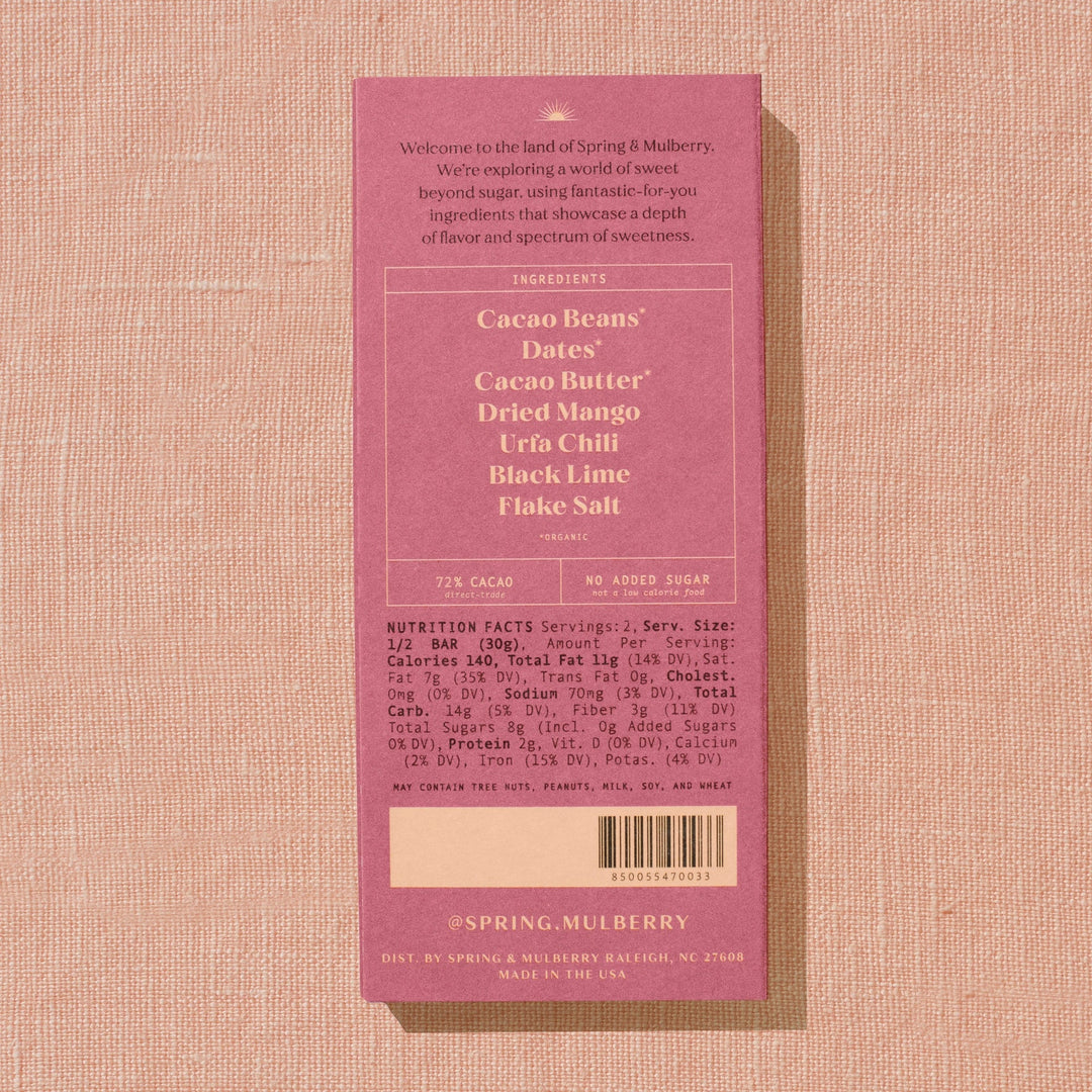 Mango and Chili Date Sweetened Chocolate Bar By Spring and Mulberry