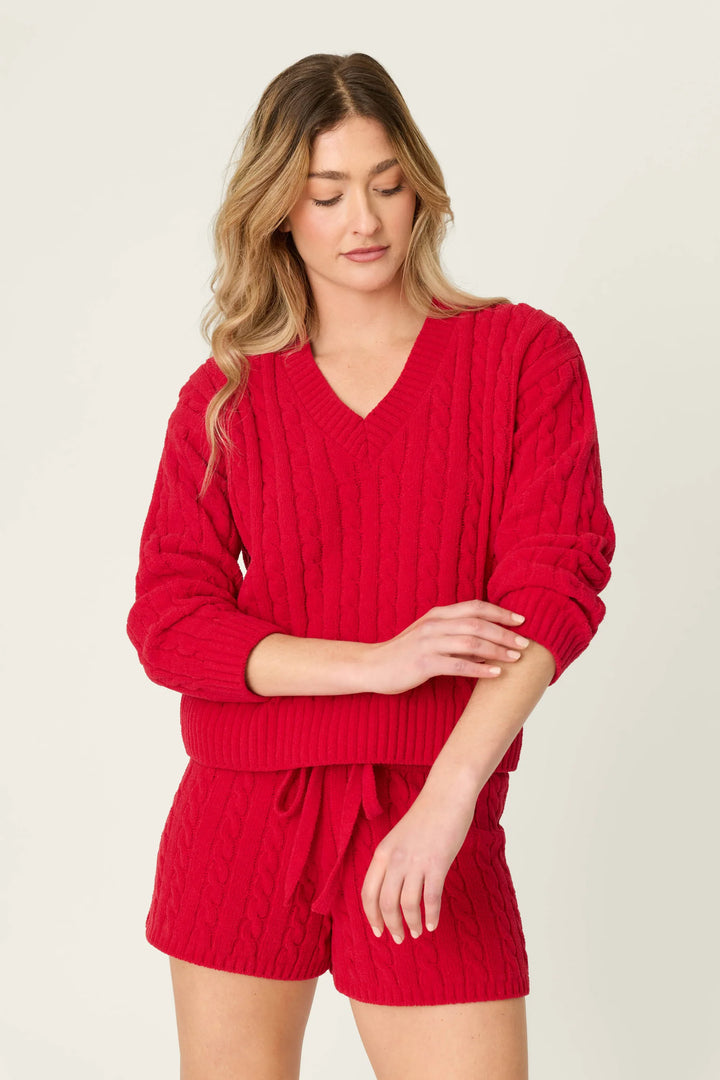Cozy Chenille Cable Knit Red V-Neck Sweater By PJ Salvage