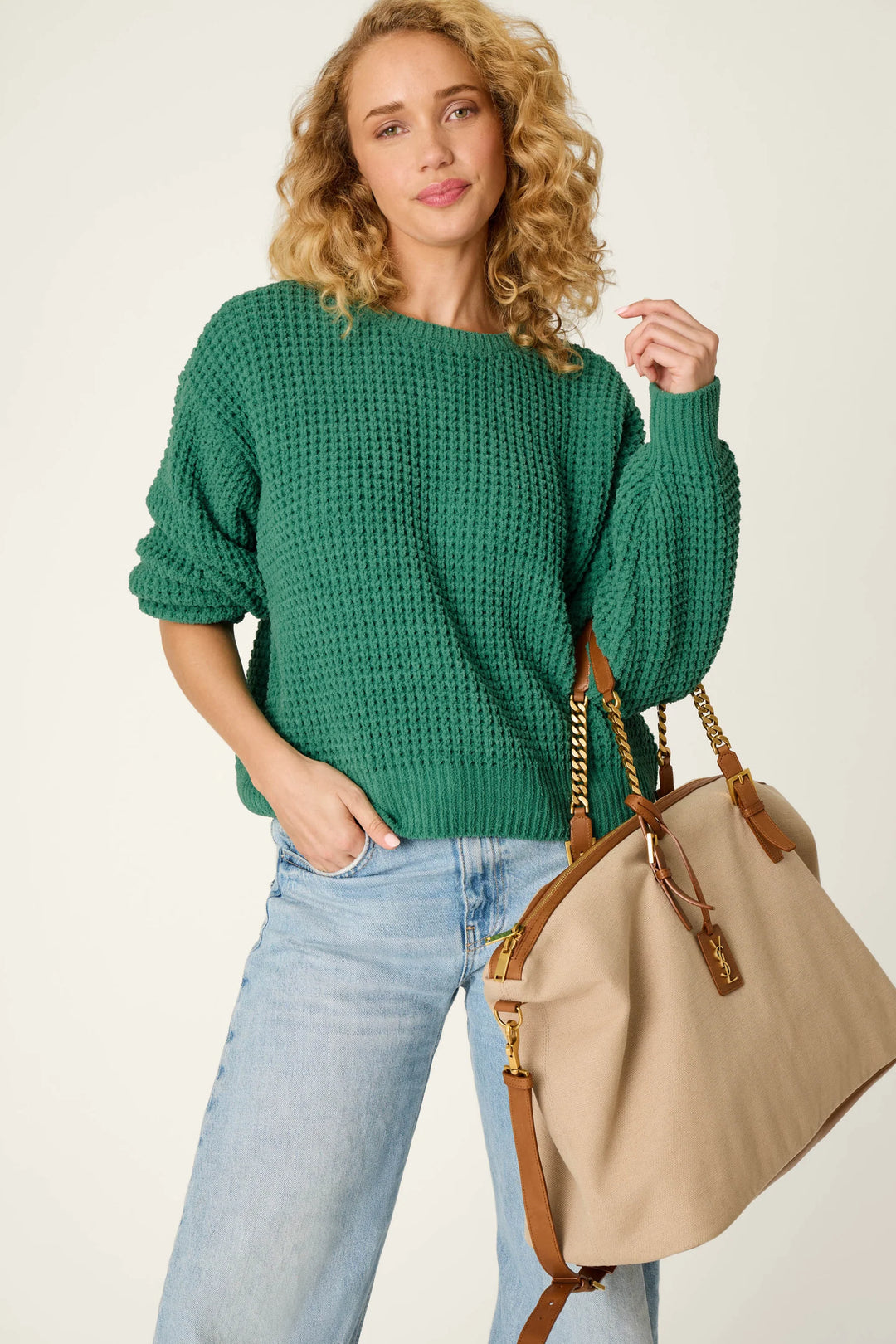 Cozy Chenille Waffle Green Sweater By PJ Salvage
