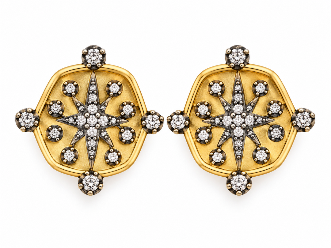Irregular Disc Earring Gold, Pave With Black Accent Bu Be-Je