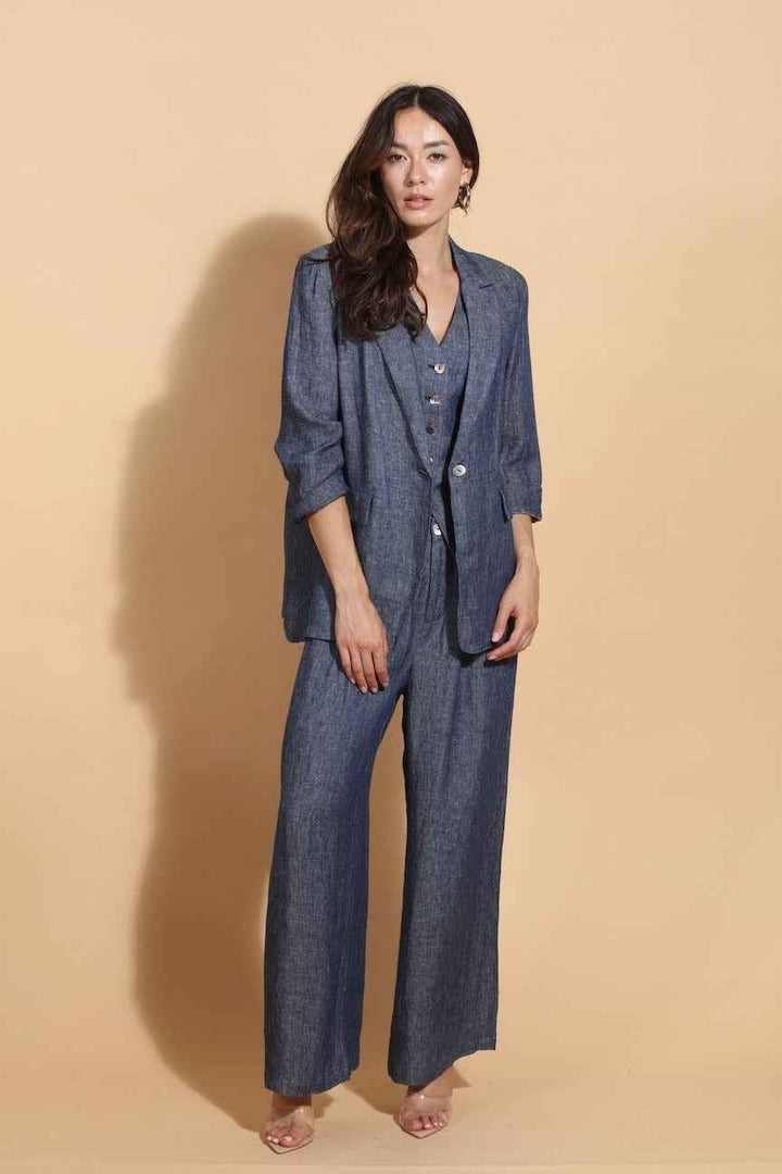 100% Linen Twill Jacket With 3/4 Sleeves By Jessie Liu - Moxiebainbridge