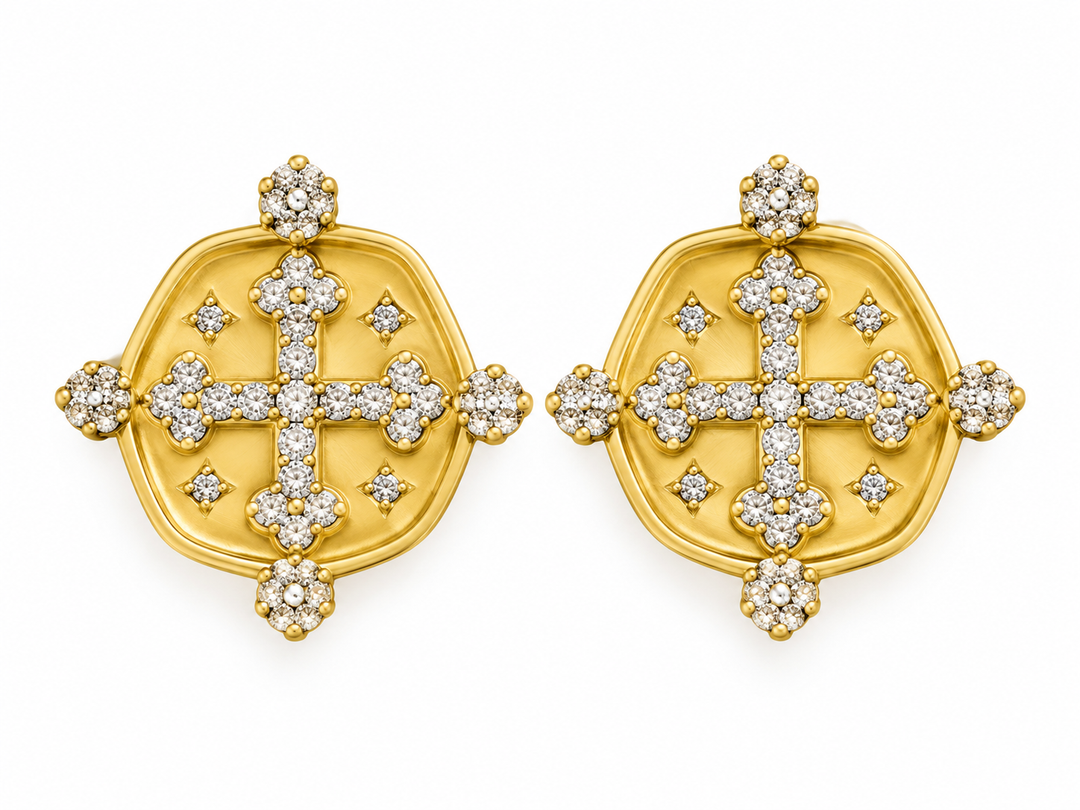 Irregular Shape Disc Earring Silver, Gold and Pave Gold By Be-Je