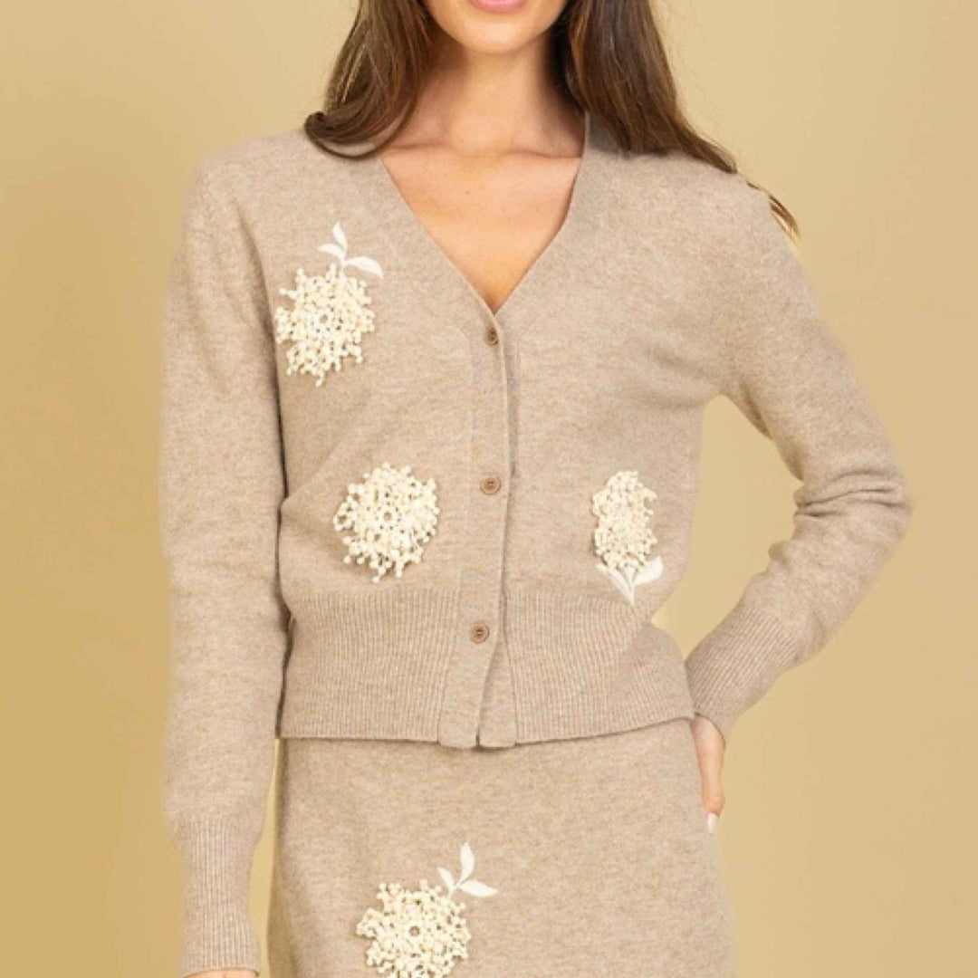 Merino Wool V Neck Cardigan Embroidery Oatmeal By Jessie Liu