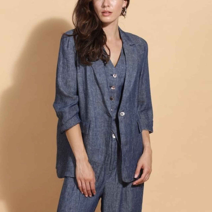 100% Linen Twill Jacket With 3/4 Sleeves By Jessie Liu