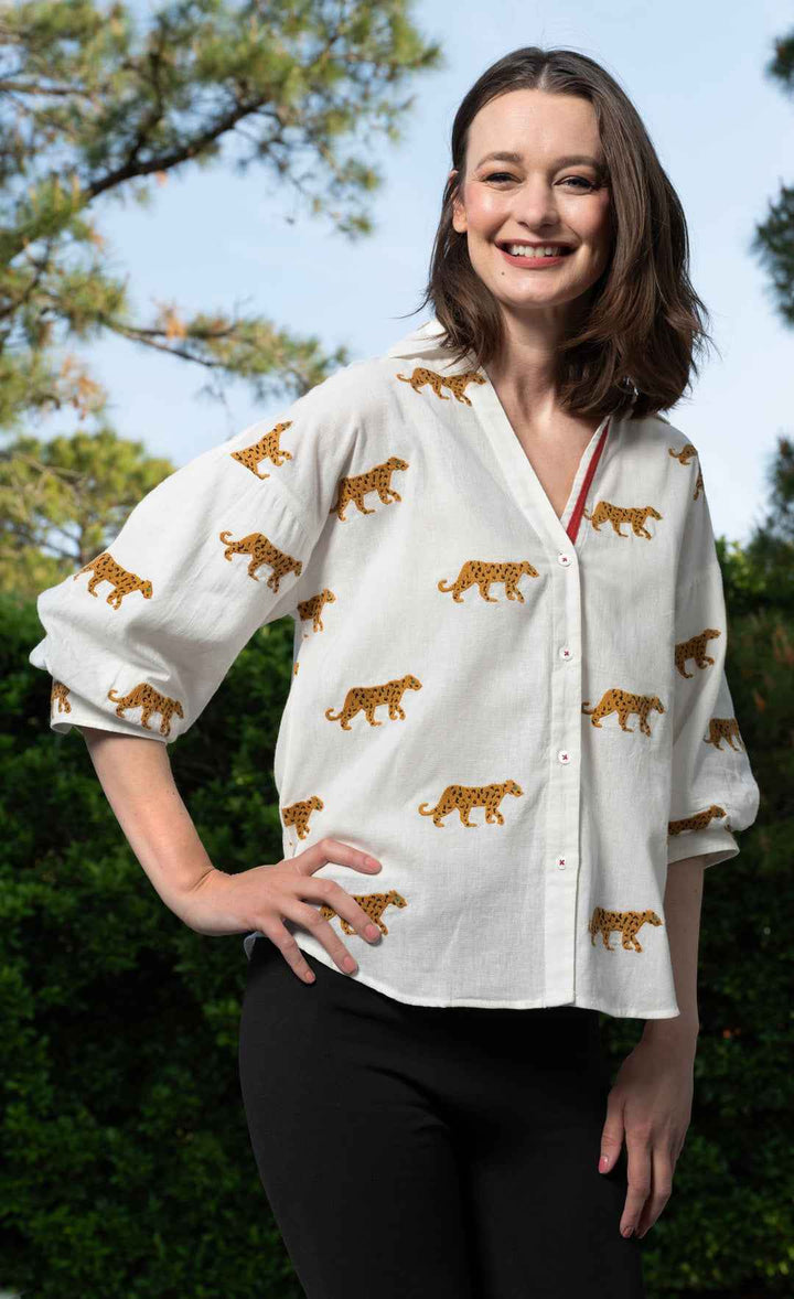 Milano Top With Ivory Embroidery Cheetahs By Dizzie Lizzy