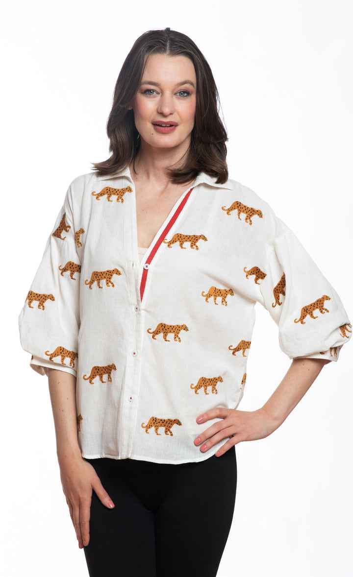 Milano Top With Ivory Embroidery Cheetahs By Dizzie Lizzy